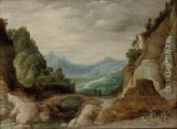 An Extensive Rocky Landscape With Travellers By A Bridge Oil Painting - Joos De Momper