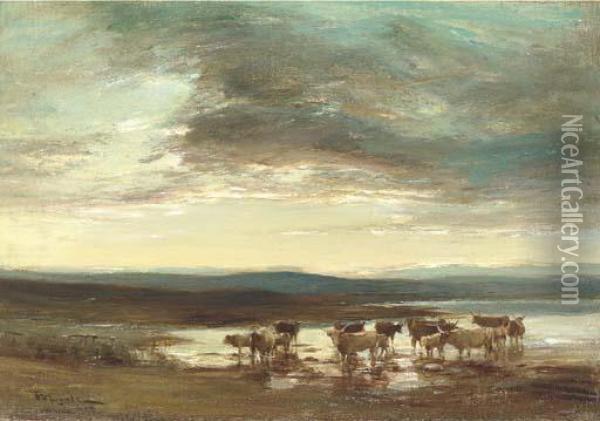 Cattle Watering Oil Painting - James Lawton Wingate