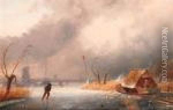 A Winter Landscape With Skaters On A Frozen Waterway Oil Painting - Charles Henri Leickert