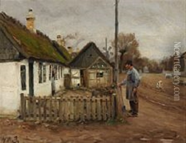 A Man And A Woman Talking At The Picket Fence Oil Painting - Hans Andersen Brendekilde
