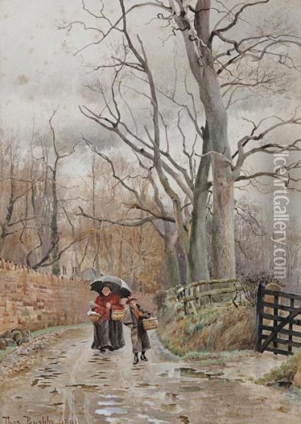 Mother And Child On A Wooded Country Lane Oil Painting - Thomas Bushby