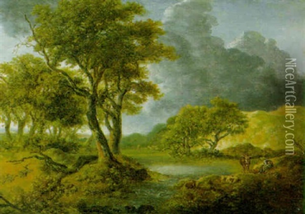 Flusslandschaft Mit Rastender Hirtin Vor Dem Gewitter Oil Painting - Johann Heinrich Menken