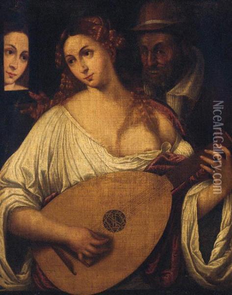 A Woman Playing The Lute By An Old Man Oil Painting - Tiziano Vecellio (Titian)