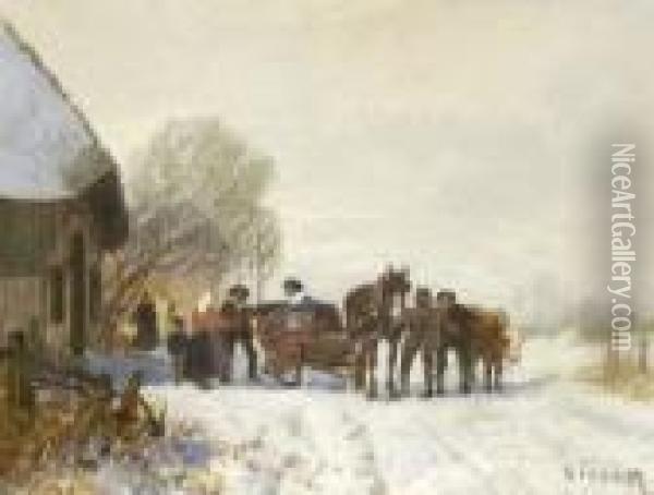 Pferdeschlitten Vor Dem Bauernhaus
 In Winterlandschaft. Oil Painting - Otto Fedder