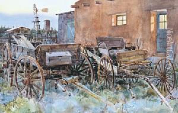 Old Wagons At Twilight Oil Painting - Thomas Hill