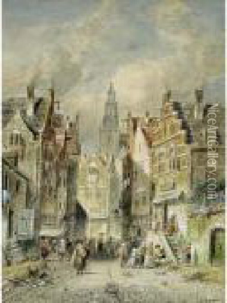 A View Of The Jewish Quarter, Amsterdam Oil Painting - Charles Henri Leickert