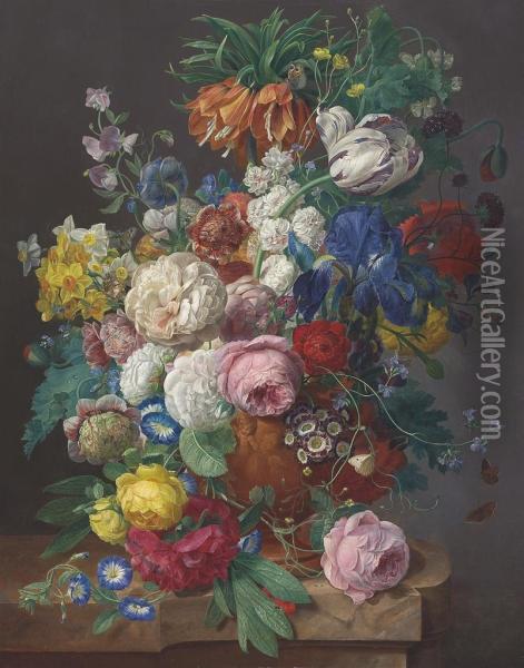 A Crown Imperial Lilly Uttercups, Tulips, Vetches And Other Flowersin A Terracotta Vase Oil Painting - Jan Frans Eliaerts