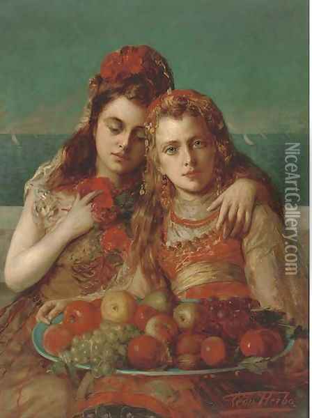 Friends eating fruit by the sea Oil Painting - Leon Herbo