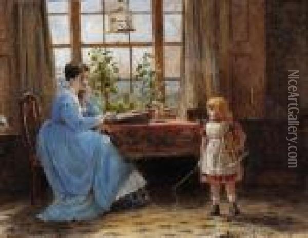 A Mother And Child In An Interior Oil Painting - George Goodwin Kilburne
