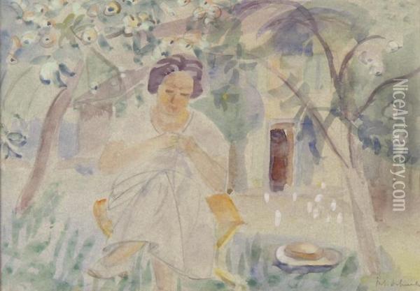 Sitzende Frau Unter Obstbaumen Oil Painting - Johann Robert Schuerch