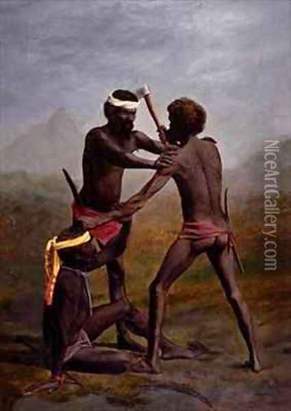Three Aborigines fighting Queensland Oil Painting - Richard Daintree