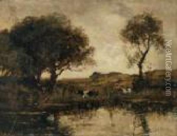 Baumbestandene Weidelandschaft Mit Rindern Am Wasser. Oil Painting - Theophile Emile Achille De Bock
