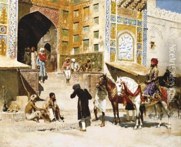 Steps Of The Mosque Vazirkham, Lahore Oil Painting - Edwin Lord Weeks