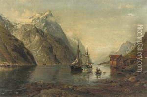 Anchored Sailing-vessels In A Fjord Oil Painting - Anders Monsen Askevold