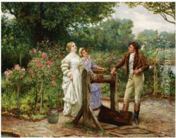 A Flirtation In The Rose Garden Oil Painting - William A. Breakspeare