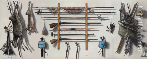 A Trompe-l'oeil Of An Arms Rack With A Leading Staff, A Partizan, Amatchlock Musket, A Longbow, A Fowling Piece With Pistols, Gamebags, Dead Game And Other Instruments Of The Chase Hanging On Awall Oil Painting - Jacobus Biltius