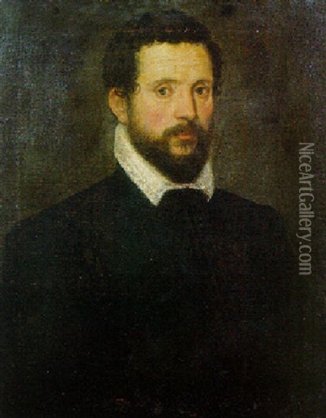 Portrait Of A Gentleman, Half Length, Wearing A Black Coat Oil Painting - Giovanni Battista Moroni