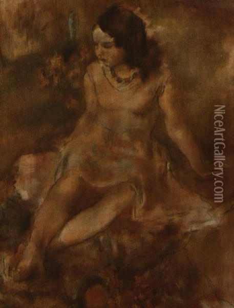 Femme En Robe Rose Oil Painting - Jules Pascin