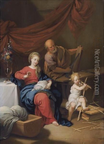 The Holy Family In An Interior With The Virgin Sowing And Joseph Woodworking Oil Painting - Christian Wilhelm Ernst Dietrich