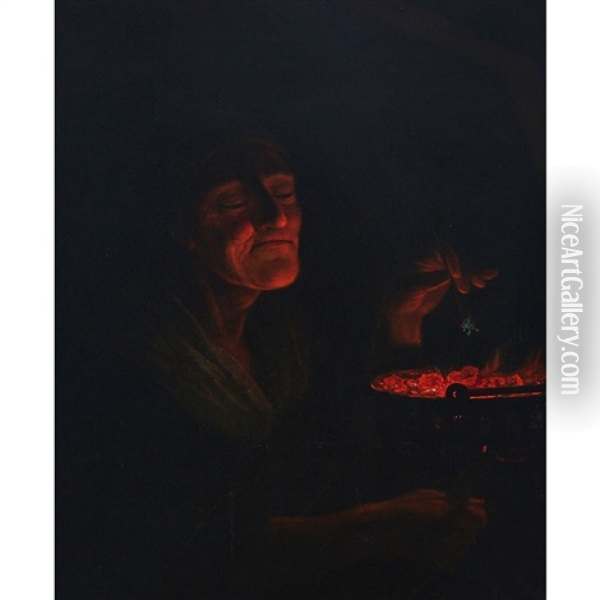 Old Woman By A Hot Pot Oil Painting - Godfried Schalcken