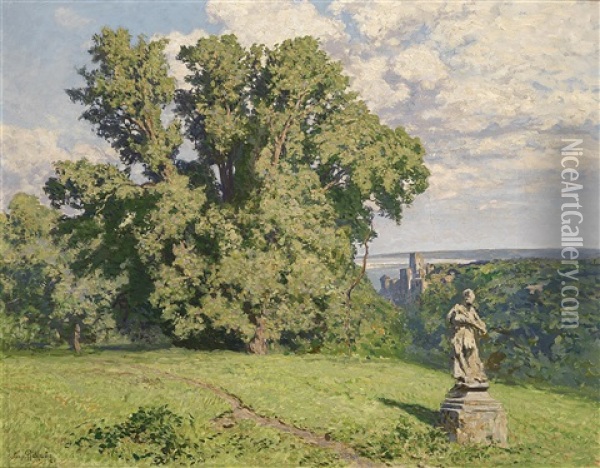 Landschaft Mit Einer Skluptur, Im Hintergrund Eine Ruine Und Die Donau Oil Painting - Alexander Rothaug