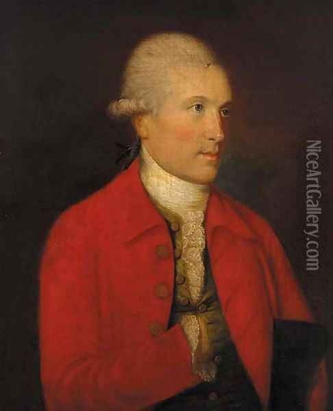 Portrait of James Johnston (d.1781), bust-length, in a red jacket, green waistcoat and white cravat Oil Painting - John Thomas Seton
