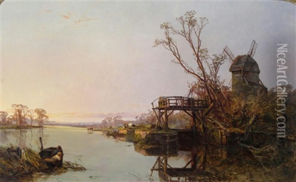 River Landscape With Boys Fishing From A Boat Oil Painting - Charles Brooke Branwhite
