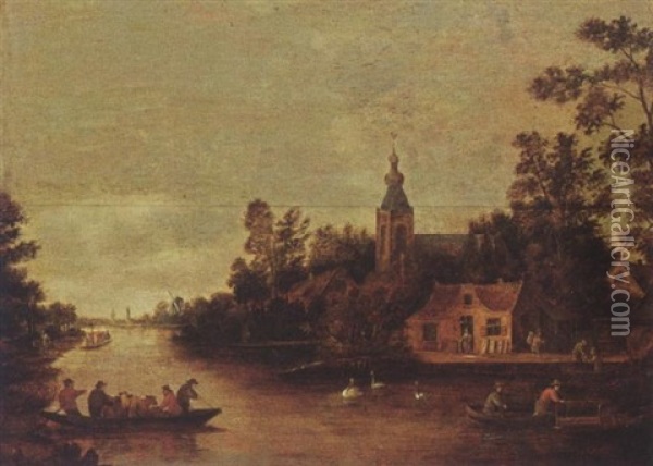A View Of Rotterdam-overschie With An Inn Alongside The River Rotte, Figures And Cattle In A Ferry And Other Figures In Rowing Boats Oil Painting - Jan Dalens