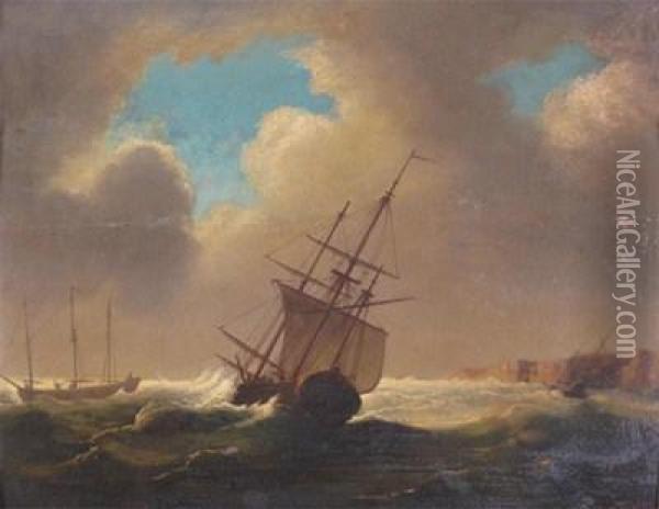 A Ship In Distress Off The Coast Oil Painting - Adrian Van De Velde