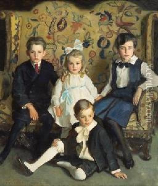 A Family Portrait Of Four Children Oil Painting - Harrington Mann