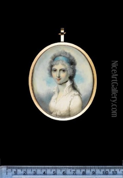 Lady Clinton, Wearing White Dress With High Collar, Black Ribbon Choker And Blue Bandeau In Her Powdered Hair Oil Painting - John Donaldson