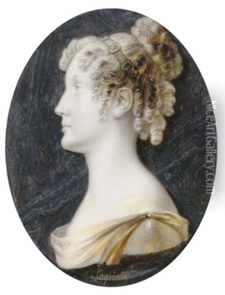 A Young Lady, In Profile To Left, In Yellow Dress With Shoulder Clasp, A Headband In Her Upswept Dressed Hair Oil Painting - Anthelme Francois Lagrenee