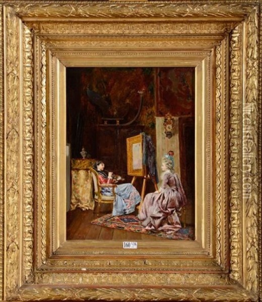 Peintre Et Son Modele Dans L'atelier Oil Painting - Francois Brunery