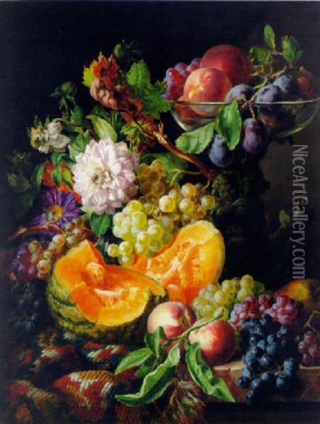 Peaches, Plums, Grapes, And Melon With Autumn Flowers On A Draped, Marble Ledge Oil Painting - Josef Lauer