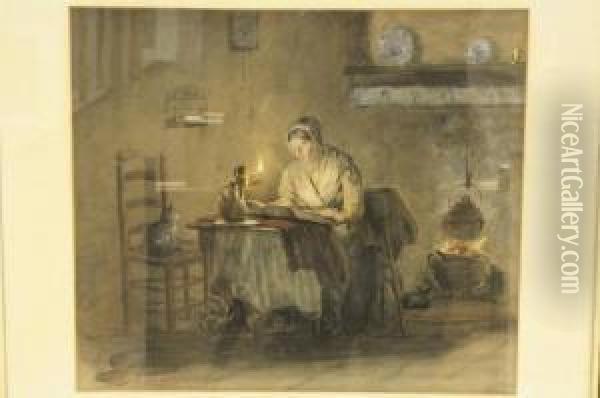 Vrouw Lezend Bij Kaarslicht Oil Painting - Johannes Hermanus Van De Weijer