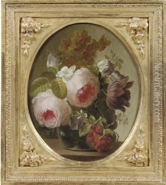 Pink Roses, Jasmine, A Tulip And Other Flowers In A Glass Vase On A Ledge Oil Painting - Georgius Jacobus J. Van Os