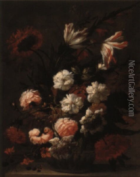 Still Life Of Roses, Tulips And Other Flowers In A Glass Vase Oil Painting - Jean-Baptiste Monnoyer
