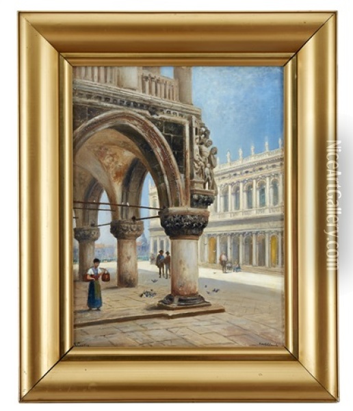 Markusplatsen Vid Palazzo Ducale Med Vy Over San Marco-biblioteket Och Canal Grande Oil Painting - Frans Wilhelm Odelmark