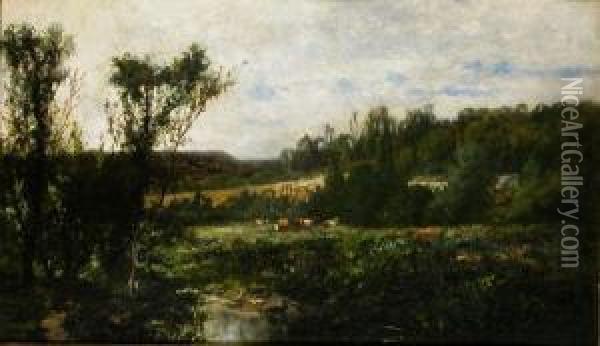 Cows Grazing Beside A Stream Oil Painting - Antonio Fontanesi