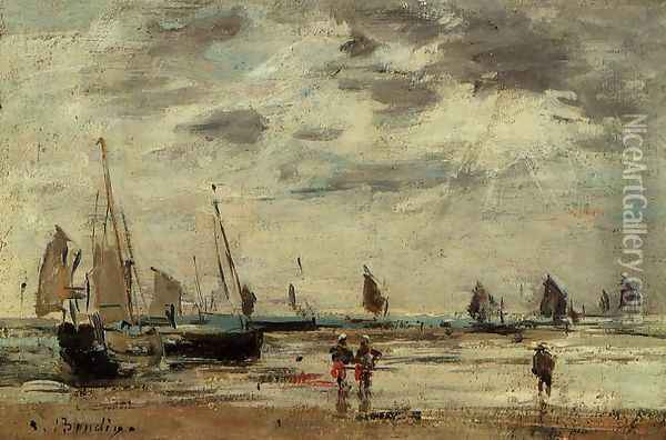 Berck, Jetty and Sailing Boats at Low Tide Oil Painting - Eugene Boudin