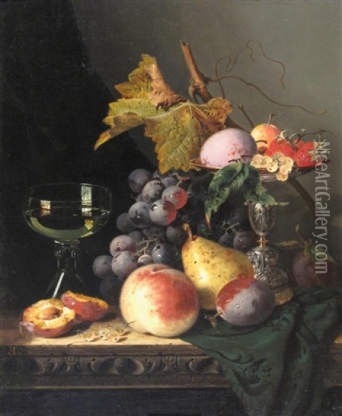 Still Life Of Grapes, Peaches, Raspberries, Walnuts, A Roemer And A Classical Bas Relief Sculpture On A Marble Ledge (+ Still Life Of Grapes...; Pair) Oil Painting - Edward Ladell