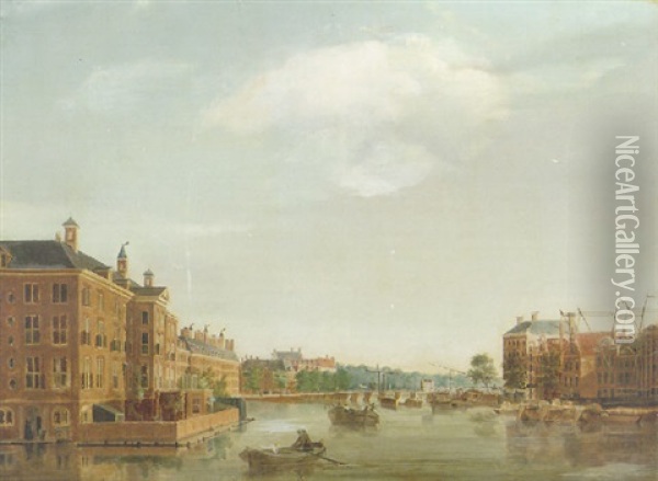 The Diachomie Orphanage On The Amstel Looking To The Blawburg Bridge, Amsterdam Oil Painting - Isaac Ouwater