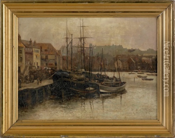 Landscape With Ships In A Harbor And Town In The Background Oil Painting - William Manners