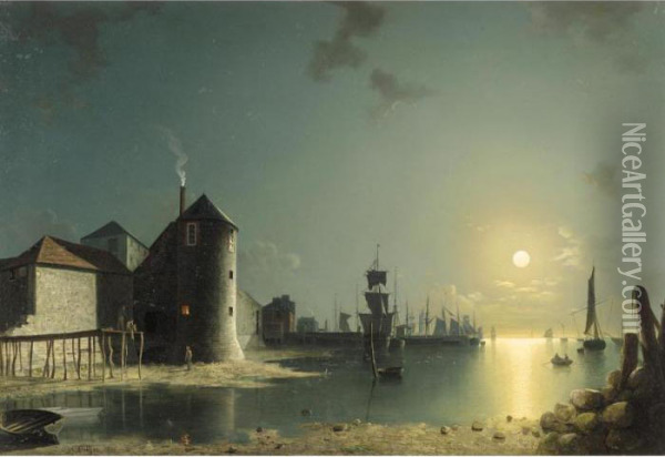A View Of Southampton Harbour By Moonlight, With Buildings And Shipyards Oil Painting - Henry Pether