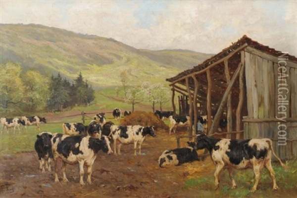 Kuhe Vor Dem Laufstall Oil Painting - Georg Karl Koch