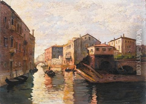 On A Venetian Canal Oil Painting - Guglielmo Ciardi