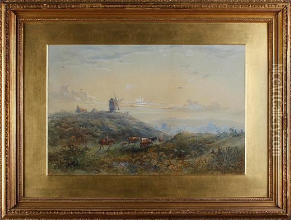 Landscape With Windmill On The Horizon Andcattle Herded By A Man On Horseback Oil Painting - Henry Earp