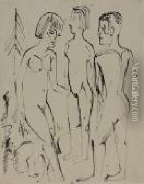 Zwei Weibliche Akte Und Ein Nackter Mann Im Wald Oil Painting - Ernst Ludwig Kirchner