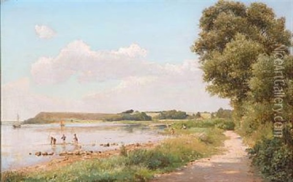 Summer Day On The Country With Children Bathing Oil Painting - Edvard Frederik Petersen