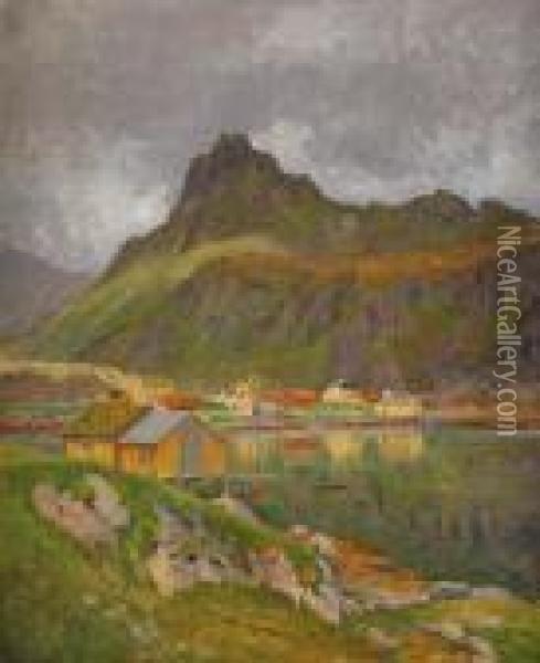 Norskt Fjordmotiv Med Fiskelage Oil Painting - Anton Genberg